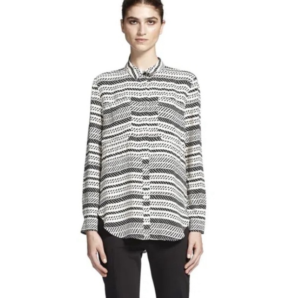 WHISTLES button down shirt Pocket top blouse black ikat white print pattern